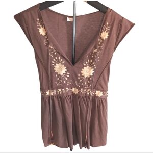 Suzy Shier Brown Embroidered Beaded Top | Size L Boho Chic Blouse with Tie Back